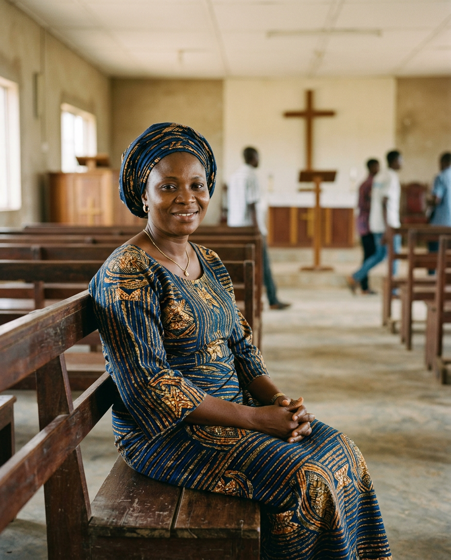 Nigerian church worker seated in church pew